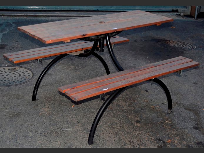 PATIO TABLE WITH PAIR BENCHES ATTACHED, 137 x 116 x 83cm