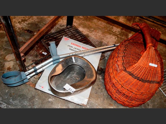 WICKER BASKET [Handle needs repairs], STAINLESS STEEL BED PAN, CRUTCHES, etc