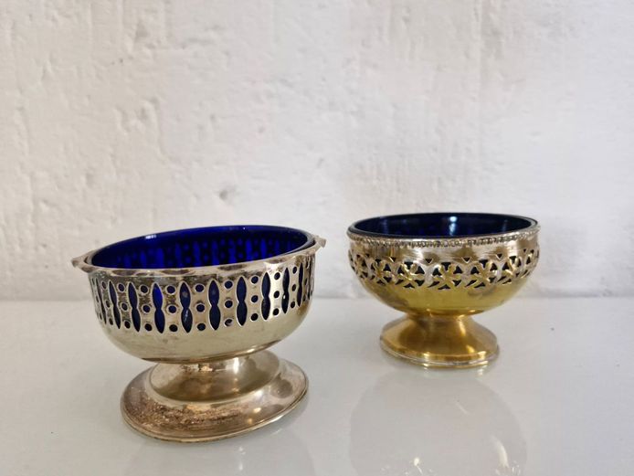 Vintage Footed Open Salt Cellars with Cobalt Blue Glass Liners