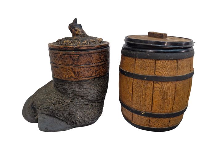 Vintage Faux Taxidermy Rhino Foot & Barrel Ice Bucket Set