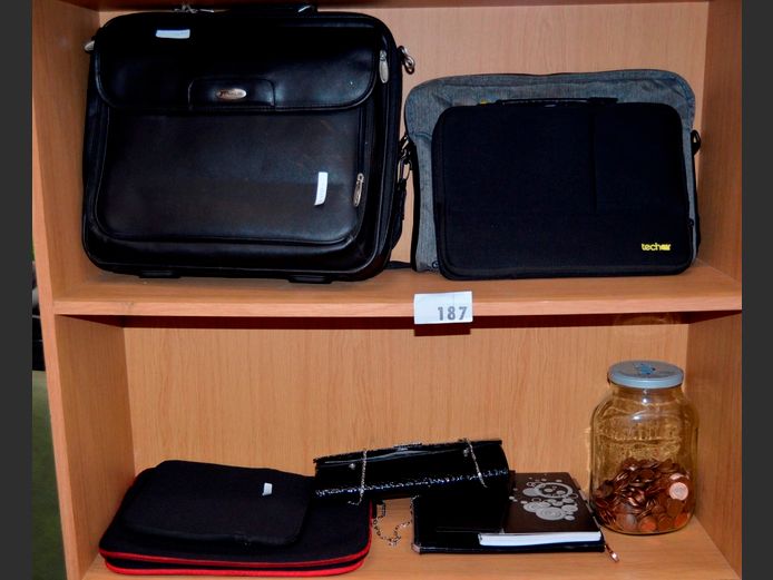 LOT ON 2 SHELVES: LAPTOP BAGS, COLLECTABLE COINS, CLUTCH BAG, etc