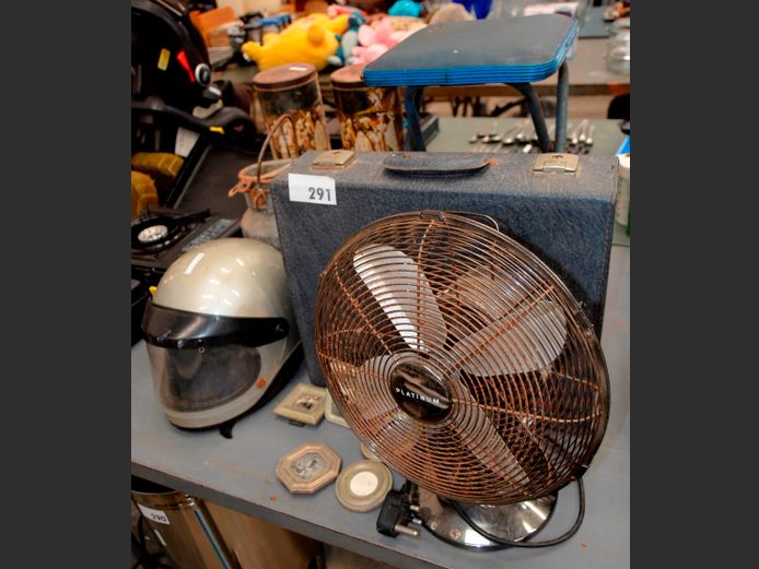 VINTAGE MILK CAN, MOTORBIKE HELMET, PLATINUM DESK FAN [Dead, rusted], STOOL, etc [69,80,24,26]