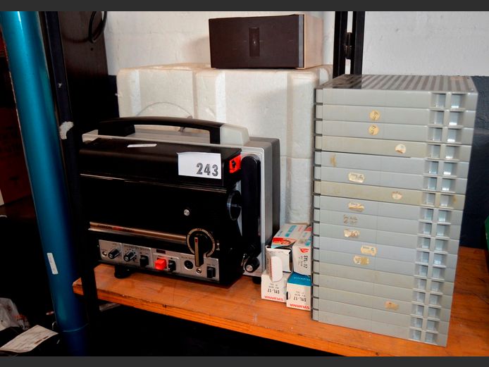 DA-LITE PROJECTOR WITH SCREEN, REELS & BULBS [Switches on, untested further]