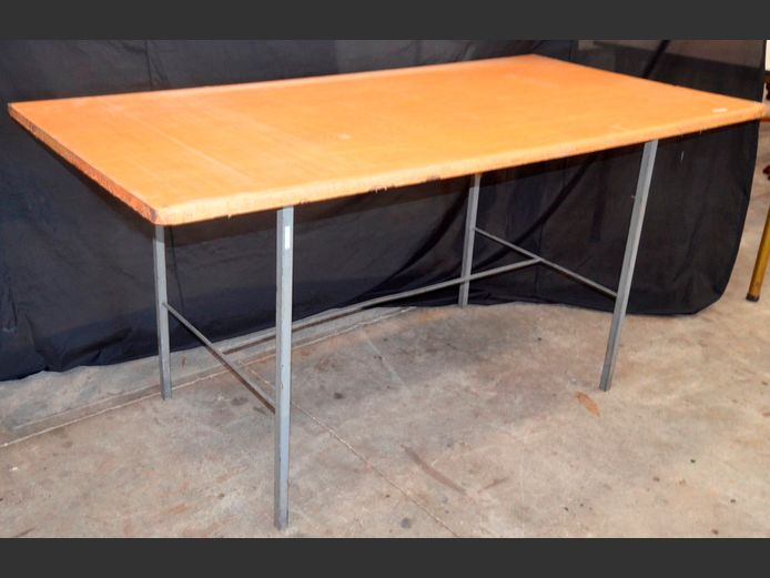 METAL FRAMED WORK TABLE WITH OAK FOIL TOP, 182 x 91 x 88cm