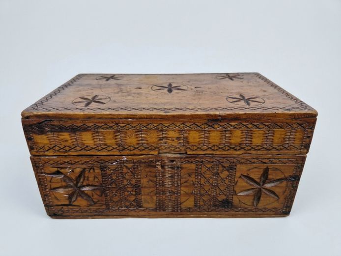 Vintage Hand-Carved Wooden Folk Art Keepsake Box