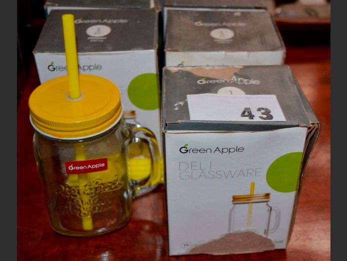 LOT OF 7: GREEN APPLE GLASS JARS WITH STRAWS