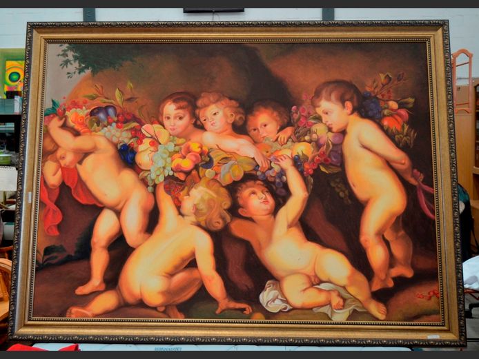 GILT FRAMED OIL ON CANVAS "PUTTIES" SIGNED GARLICK, 163 x 116cm