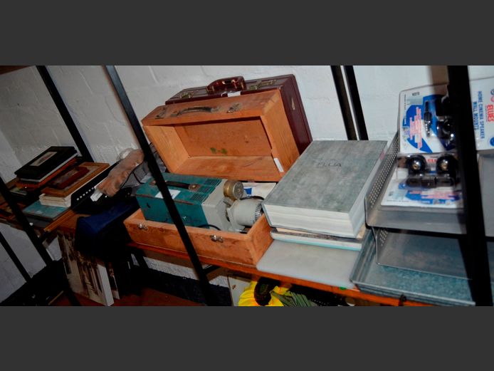 VINTAGE PROJECTOR IN CASE [Switches on, untested further], METAL FILING TRAYS, BRIEFCASE, etc