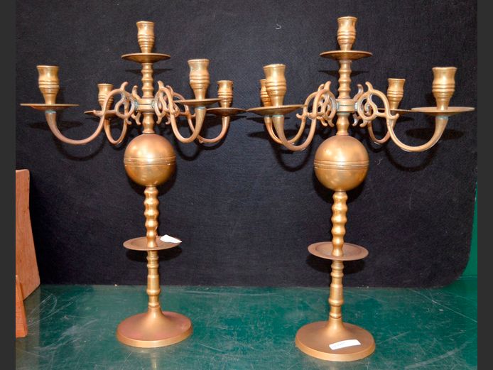 PAIR BRASS 5-ARM CANDELABRA, 35cm Diameter x 46cm High