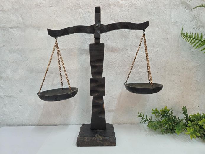 Vintage Rustic Hand-Carved Wooden Scales of Justice