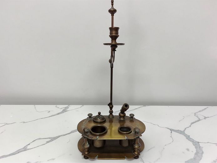 Victorian-Era Continental Brass Ink Stand & Adjustable Candlestick
