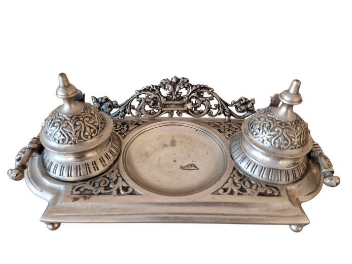 Victorian Ornate Cast Silver Plate Inkwell