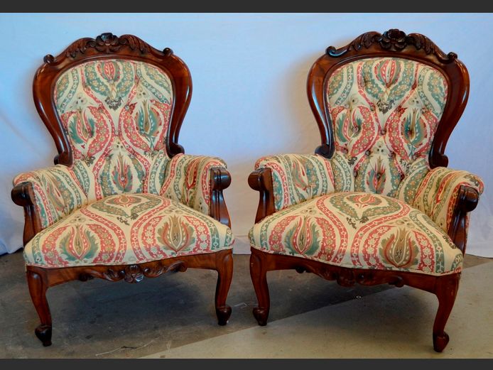 PAIR CARVED MAHOGANY & FLORAL UPHOLSTERED ARMCHAIRS