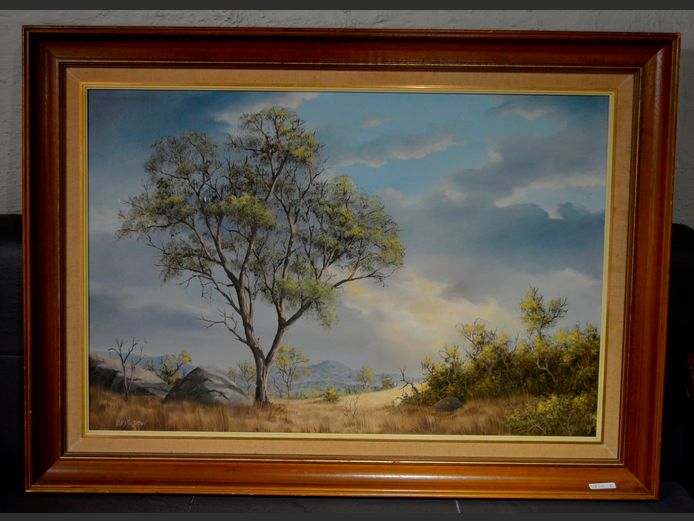 FRAMED OIL ON BOARD "AFRICAN LANDSCAPE" SIGNED ROB MACINTOSH, 89.5 x 59.5cm