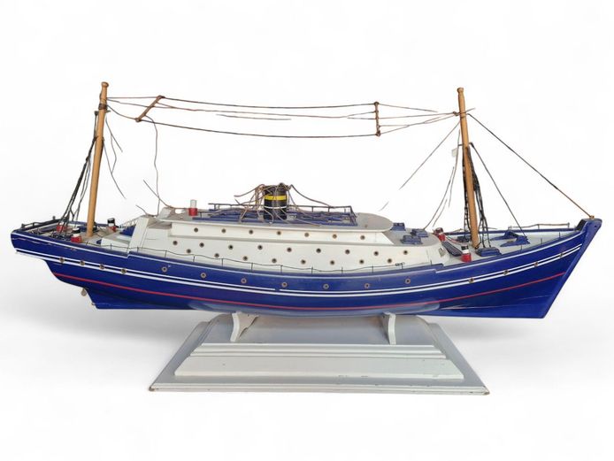 Large Blue & White Wood Model Ship on Stand