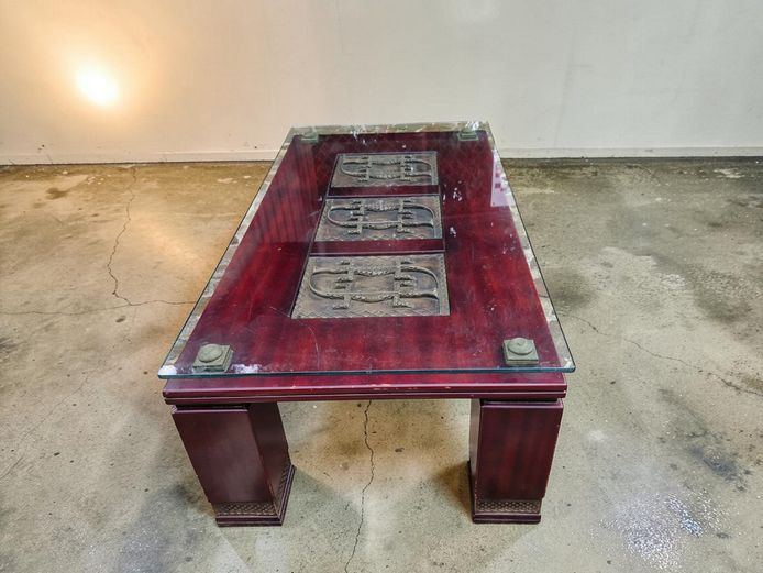 African-Inspired Mahogany Tone Coffee Table with Relief Carvings