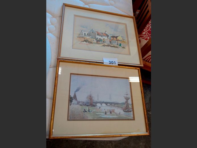 PAIR GILT FRAMED PRINTS "FISHING VILLAGE", 28 x 19cm, & ANOTHER, 27 x 17.5cm