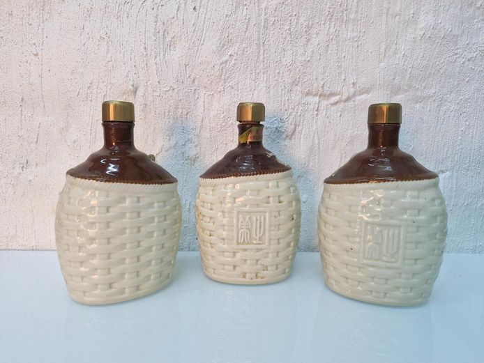 Vintage Chinese Shaoxing Rice Wine Woven Basket Style Ceramic Jugs