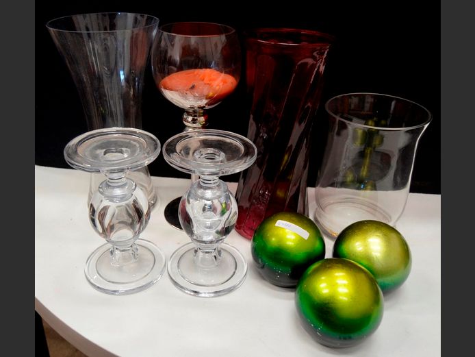 GLASS VASES, DECORATIVE BALLS, CANDLE STANDS, etc