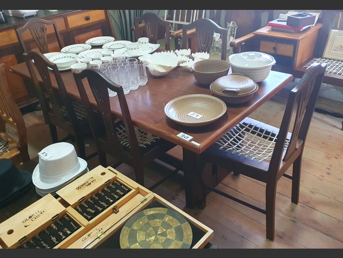 IMBUIA EXTENSION DINING TABLE WITH 6 MATCHING RIEMPIE SEAT CHAIRS