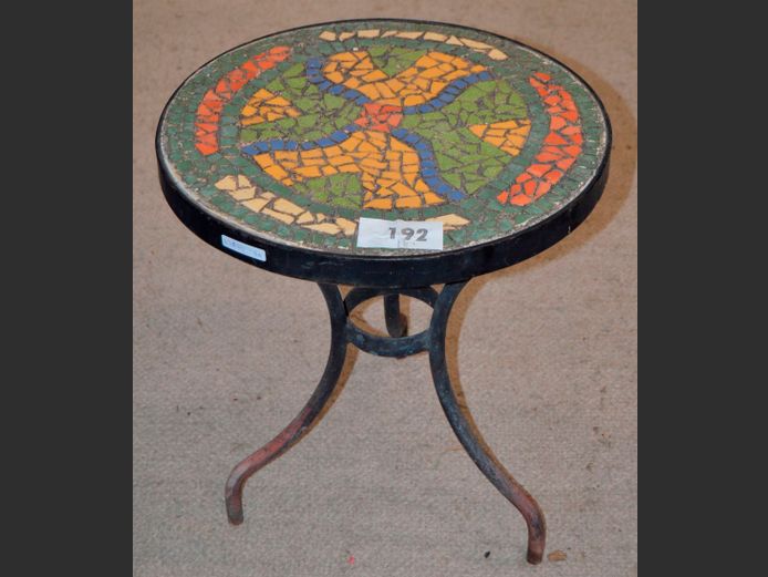 WROUGHT IRON MOSAIC TOP CIRCULAR SIDE TABLE, 42cm Diameter x 46cm High