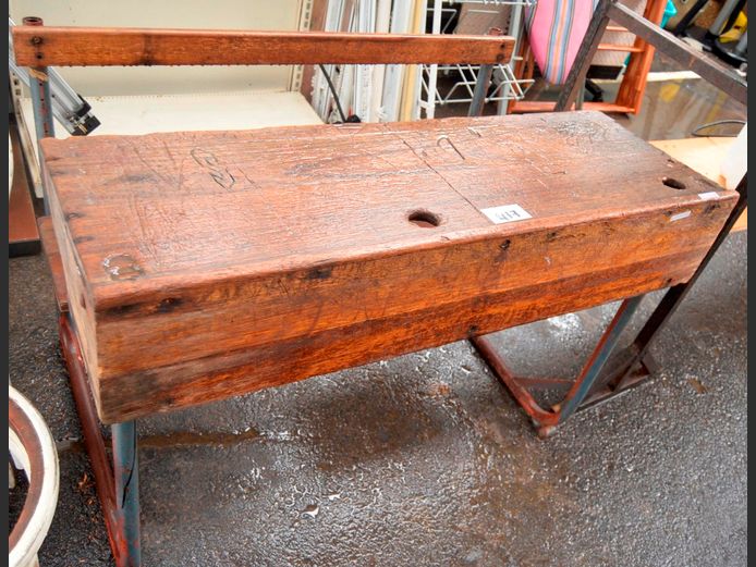 VINTAGE OAK & METAL 2-SEATER SCHOOL DESK, 107 x 74 x 78cm
