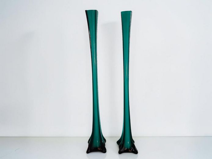 Mid-Century Modern Style Tall Teal Glass Trumpet Vases