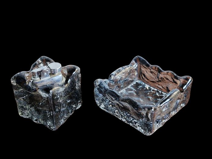 Mid-Century Ice Glass Ashtray & Table Lighter