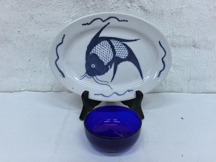 Blue & White Ceramic Fish Platter with Cobalt Glass Bowl