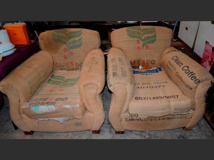 PAIR HESSIAN COFFEE BAG UPHOLSTERED ARMCHAIRS [Needs restoration]
