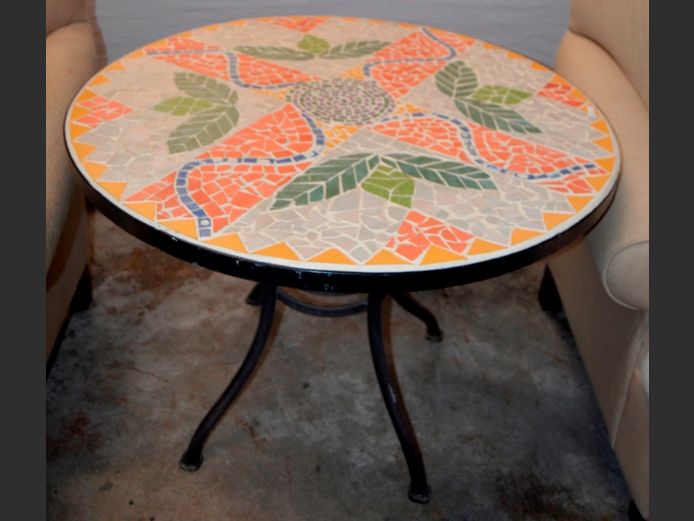 WROUGHT IRON MOSAIC TOP CIRCULAR 4-SEATER TABLE, 92cm Diameter x 68cm High