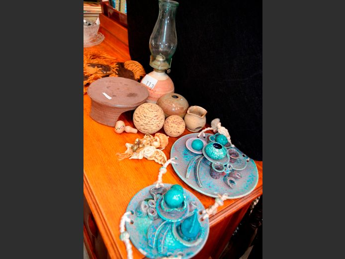 OIL LAMP, POTTERY WALL HANGINGS, ORNAMENTS, etc