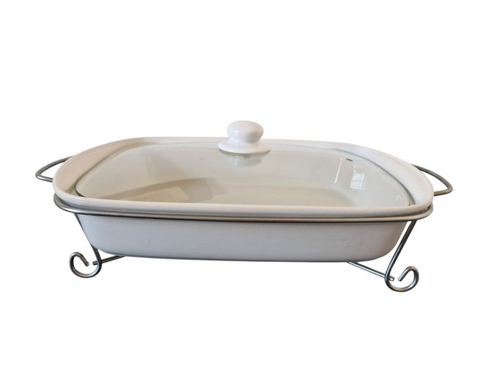 White Ceramic Chafing Dish with Food Warmer Stand