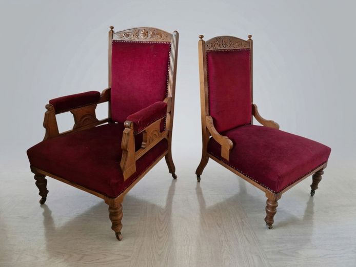 Pair of Victorian Carved Oak & Deep Crimson Velvet Armchair and Nursing Chair Suite
