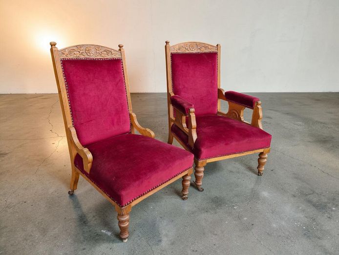 Pair of Victorian-Style Carved Oak and Crimson Velvet Chairs