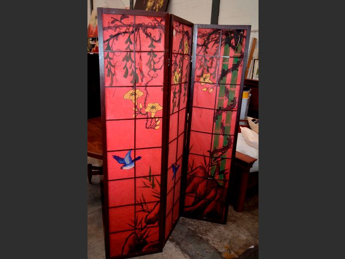 WOOD & FABRIC 3-PART ROOM DIVIDER, 176 x 180cm [Fabric torn]