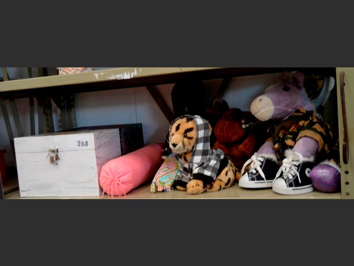 SOFT TOYS, PAINTED STORAGE BOXES, etc