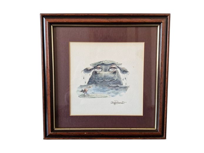 Judy Rossouw Signed Whimsical Hippo Illustration – Framed