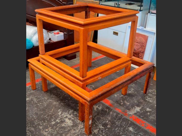 OAK COFFEE TABLE FRAME WITH PAIR MATCHING SIDE TABLE FRAMES, 99 x 99 x 39cm, 71 x 71 x 47cm & 71 x 71 x 47cm [No tops]