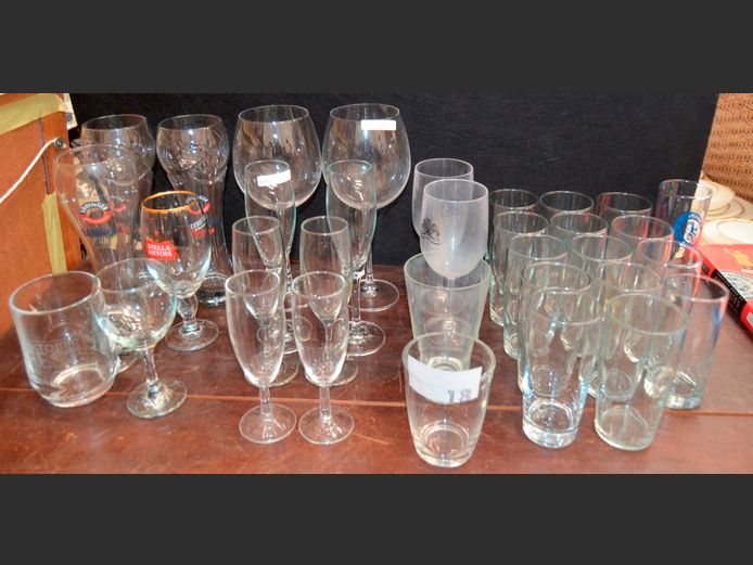 ASSORTED DRINKING GLASSES: WINE, CHAMPAGNE FLUTES, BEER, etc