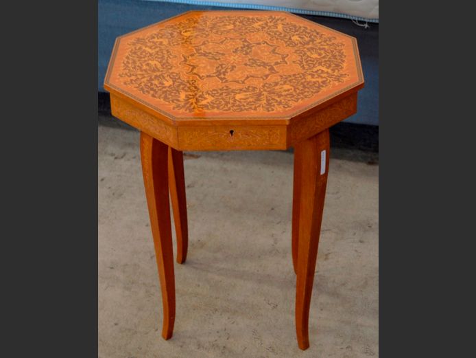 INTRICATELY INLAID MUSICAL SIDE TABLE, 44cm Diameter x 55cm High