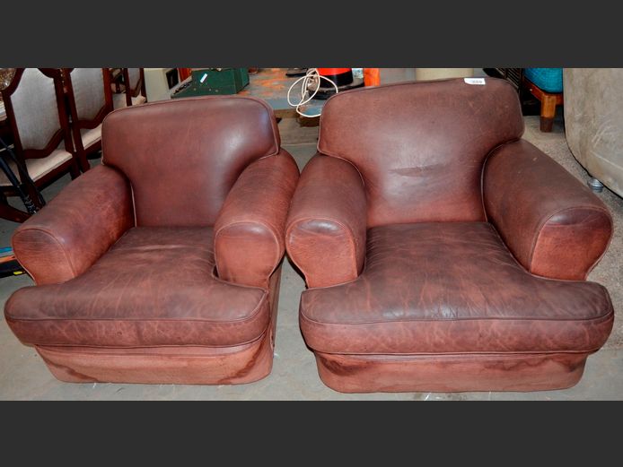 PAIR BROWN LEATHER ARMCHAIRS [Water damaged]