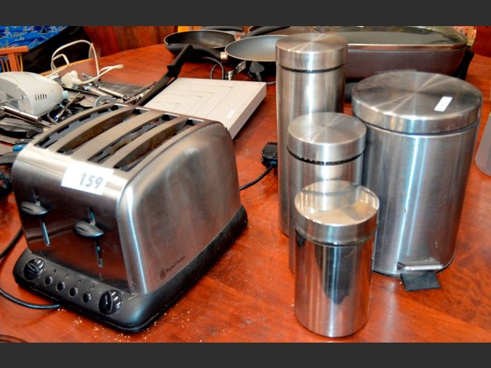 RUSSELL HOBBS STAINLESS STEEL 4-SLICE TOASTER, STAINLESS STEEL STORAGE CANISTERS, etc [Switches on, untested further]