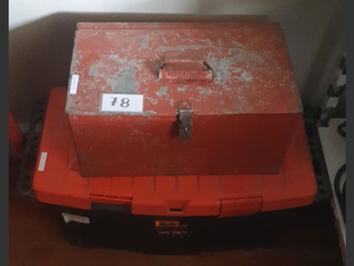 LOT: PLASTIC & RED METAL TOOLBOX WITH CONTENTS