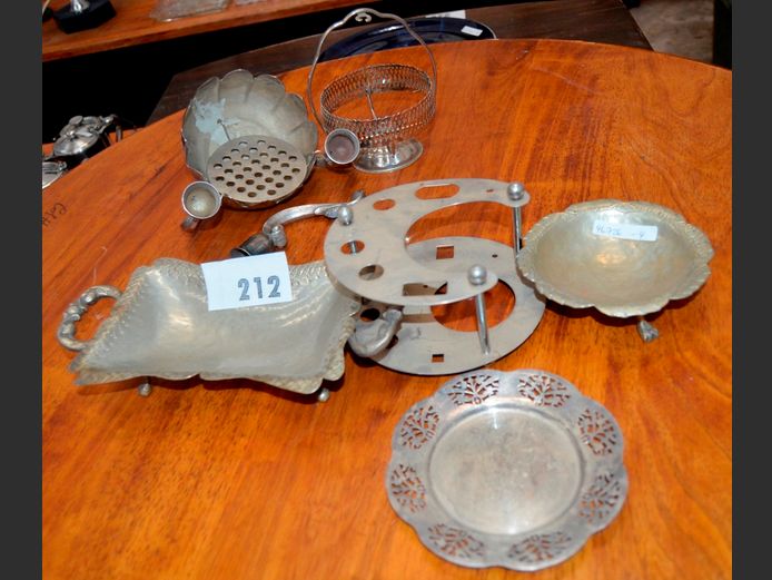 SILVER PLATE CENTREPIECE [1 leg broken], SWEETS DISH, PIERCED PLATE, etc