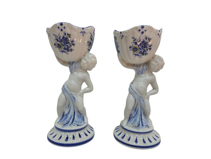 Pair of Continental Glazed Ceramic Cherub Candleholders / Vases