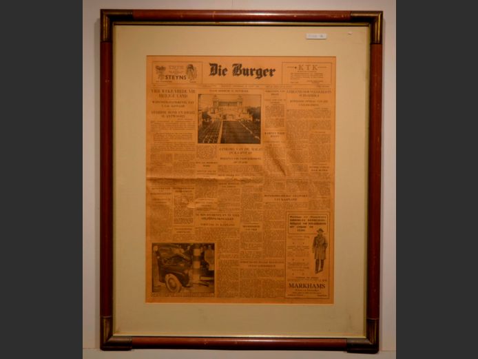 FRAMED "DIE BURGER" NEWSPAPER PAGE, DATED 10 JUNE 1948, 43.2 x 57cm