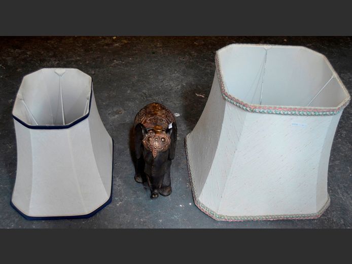 CARVED ELEPHANT & 2 LAMP SHADES