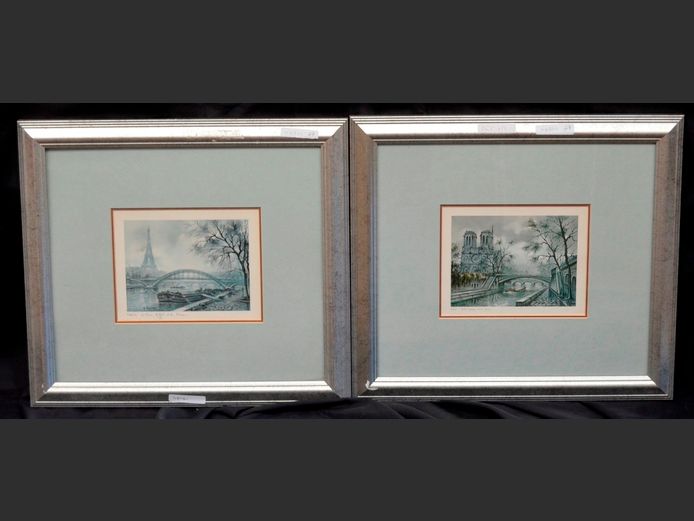 PAIR SILVER GILT FRAMED PARIS PRINTS: EIFFEL TOWER & NOTRE DAME, 15.5 x 12cm