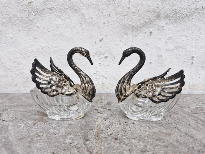 Pair of Silver-Plated and Molded Glass Swan Salt Cellars
